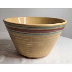 Vtg Watt USA Oven Ware Bowl 3 Qt. Yellow Pink Blue Crazed Stained Surface Cracks